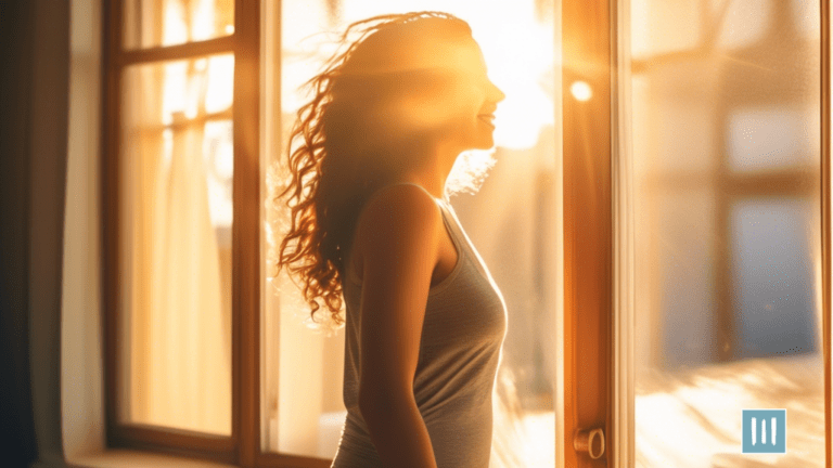 Alt text: A person standing in front of a sun-drenched window, radiating confidence and happiness. The warm sunlight illuminates their vibrant, healthy body, symbolizing their inspiring journey of holistic weight loss.