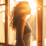 Alt text: A person standing in front of a sun-drenched window, radiating confidence and happiness. The warm sunlight illuminates their vibrant, healthy body, symbolizing their inspiring journey of holistic weight loss.