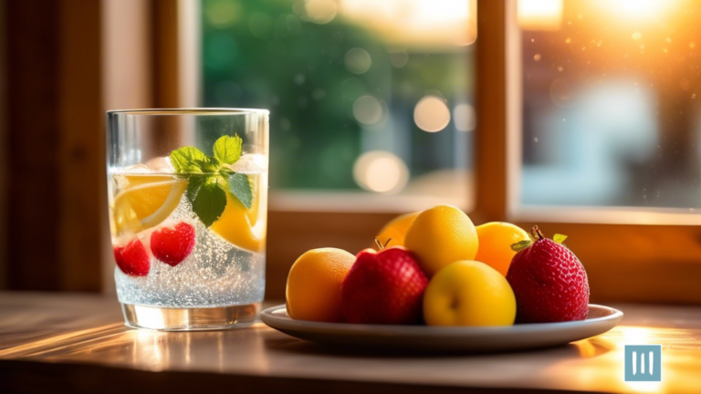 A clear glass of water with ice cubes and fresh fruits on a wooden table, illuminated by natural light, highlighting the importance of hydration for weight loss.