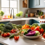 Enhance mental clarity with a vibrant keto-friendly kitchen counter filled with nutrient-rich vegetables, a gleaming blender, and beautifully arranged keto dishes.