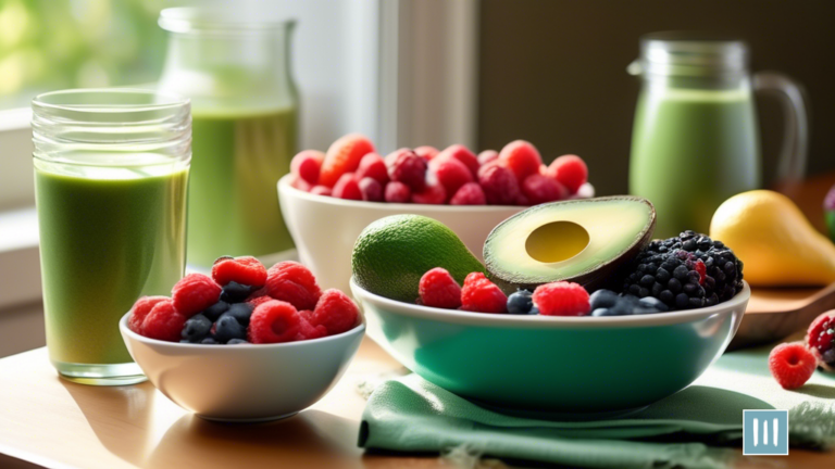 Unlocking Increased Energy with the Keto Diet: A sunlit kitchen table showcasing a plate of vibrant berries, a bowl of avocado slices, and a glass of refreshing green smoothie, representing the energizing potential of the Keto diet.