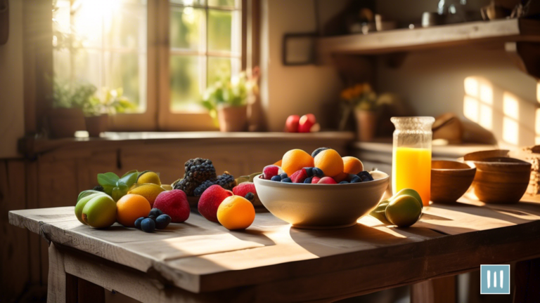 Alt text: A sunlit kitchen with a bowl of vibrant fruits on a rustic wooden table, symbolizing the potential of intermittent fasting for weight loss.