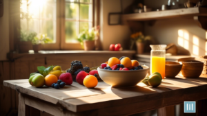 Alt text: A sunlit kitchen with a bowl of vibrant fruits on a rustic wooden table, symbolizing the potential of intermittent fasting for weight loss.