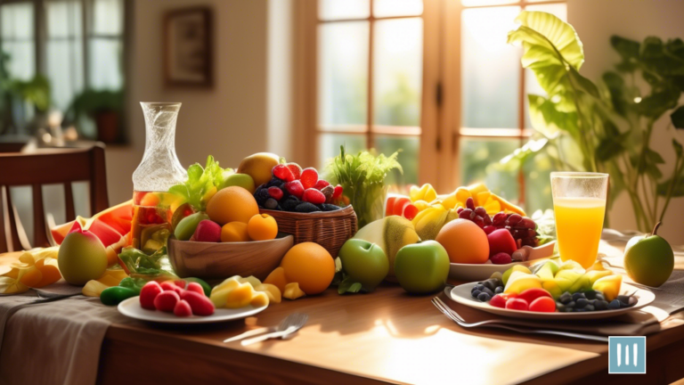 Experience the radiant benefits of Intermittent Fasting as a sunlit dining table showcases a vibrant array of colorful fruits, vegetables, and a refreshing glass of water, symbolizing the freshness and vitality it brings to our bodies.