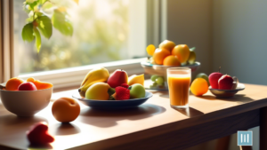 Alt text: A sunlit room with a large window overlooking nature, casting a warm glow on a clutter-free desk. A plate of colorful fruits, an empty coffee cup, and a stopwatch nearby symbolize mental clarity achieved through intermittent fasting.