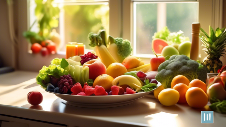 Alt Text: A close-up shot of a vibrant plate filled with colorful fruits and vegetables, beautifully illuminated by golden sunlight pouring through a kitchen window, illustrating the potential benefits of intermittent fasting for weight loss.