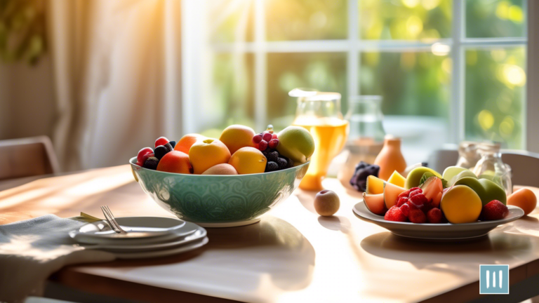 Vibrant morning scene showcasing the potential of intermittent fasting for weight loss with a sunlit dining table adorned with colorful fruits, a glass of water, and an empty plate.