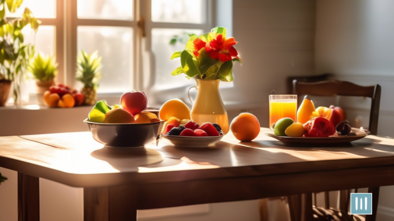 An inviting kitchen table with a variety of vibrant fruits, a cup of aromatic black coffee, and an empty plate, basking in natural sunlight. A visually pleasing image for a blog post on creating an effective intermittent fasting schedule.