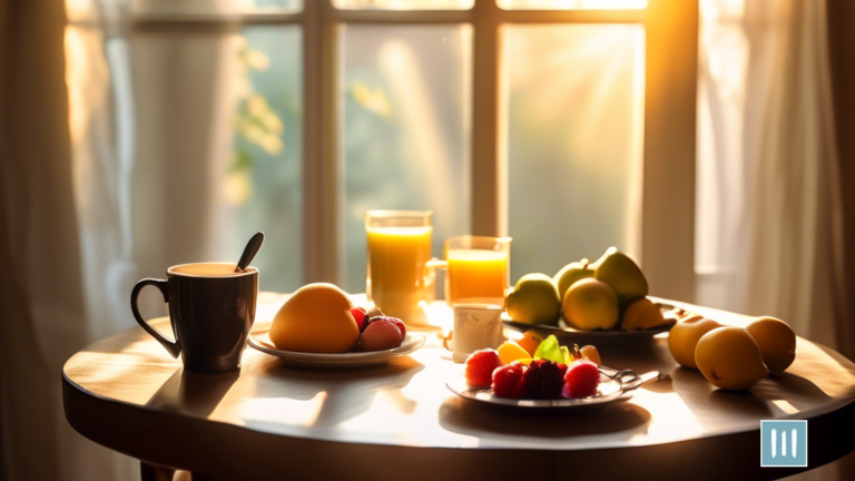 Alt text: A serene morning scene with a sunlit breakfast table adorned with fresh fruits, a steaming cup of black coffee, and an open journal, creating a warm and inviting ambiance for successful intermittent fasting.