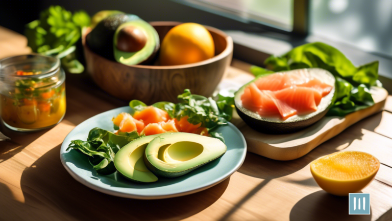 Vibrant plate of keto-friendly foods including avocado, salmon, and leafy greens bathed in radiant natural light, perfect for effective weight loss.