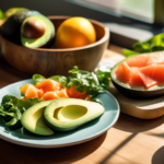 Vibrant plate of keto-friendly foods including avocado, salmon, and leafy greens bathed in radiant natural light, perfect for effective weight loss.