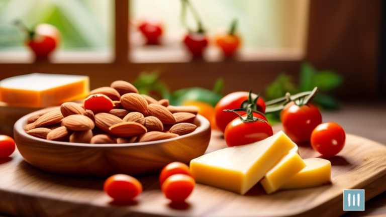 A vibrant assortment of keto-friendly snacks including almonds, cheese slices, and cherry tomatoes arranged on a wooden cutting board, bathed in bright natural light.
