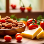 A vibrant assortment of keto-friendly snacks including almonds, cheese slices, and cherry tomatoes arranged on a wooden cutting board, bathed in bright natural light.