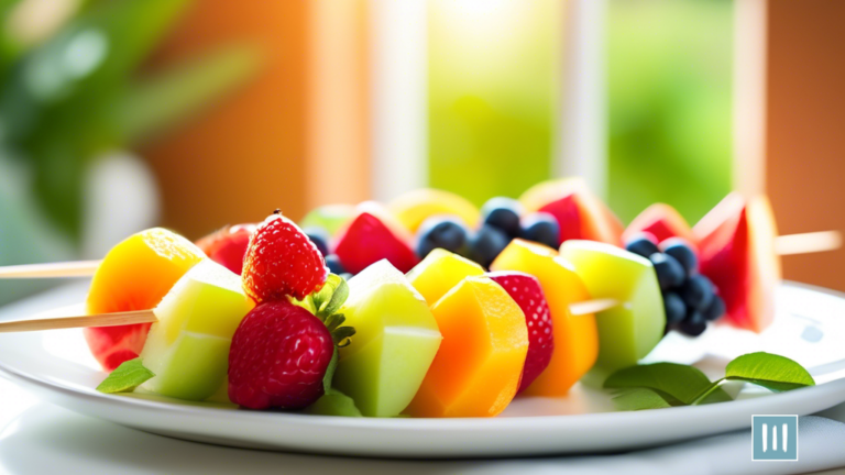 Colorful and healthy fruit skewer on a white plate, surrounded by green leaves and flowers, with natural sunlight streaming in from a nearby window. Perfect kid-friendly snack option.