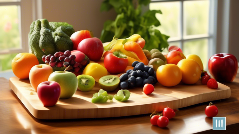 Delicious low-calorie snacks for healthy eating: A captivating image of a wooden cutting board showcasing an array of vibrant and colorful fruits and vegetables, illuminated by a stream of radiant sunlight.