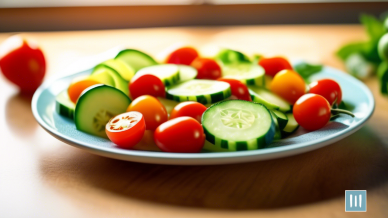 A colorful plate of low-carb snacks including sliced cucumbers, cherry tomatoes, and cheese cubes, illuminated by bright natural light from a nearby window.