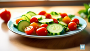 A colorful plate of low-carb snacks including sliced cucumbers, cherry tomatoes, and cheese cubes, illuminated by bright natural light from a nearby window.