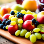 A vibrant and colorful fruit platter with sliced apples, kiwis, berries, and grapes on a wooden cutting board, perfect for healthy low-fat snacking.