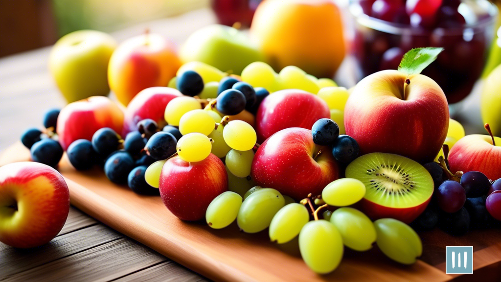 A vibrant and colorful fruit platter with sliced apples, kiwis, berries, and grapes on a wooden cutting board, perfect for healthy low-fat snacking.