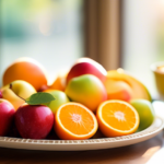 A vibrant fruit platter with sliced apples, oranges, and berries, bathed in bright natural light, perfect for satisfying low-sugar snacks.