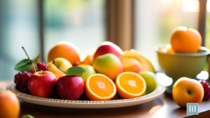 A vibrant fruit platter with sliced apples, oranges, and berries, bathed in bright natural light, perfect for satisfying low-sugar snacks.