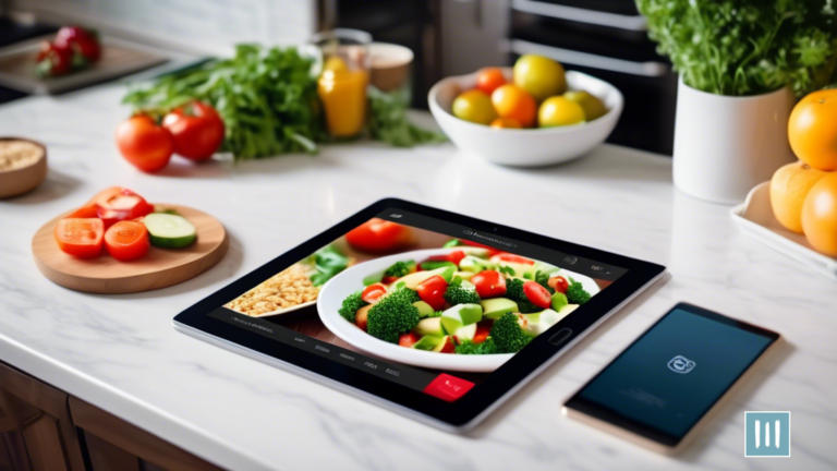 Overhead shot of a modern kitchen counter with a tablet displaying top meal planning apps, illuminated by natural light from a nearby window