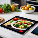 Overhead shot of a modern kitchen counter with a tablet displaying top meal planning apps, illuminated by natural light from a nearby window