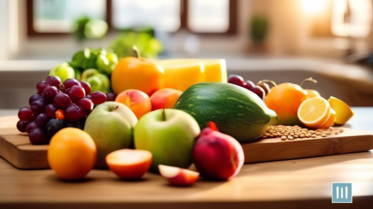Colorful assortment of fruits, vegetables, lean proteins, and whole grains on a wooden cutting board, bathed in bright natural sunlight for balanced meal planning for busy individuals