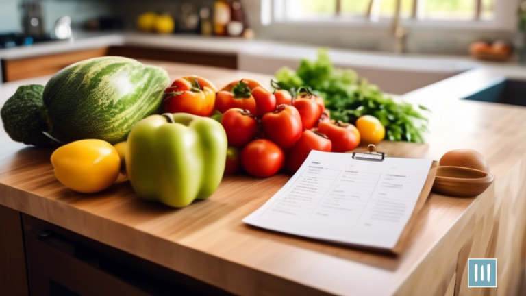 Overhead shot of a neatly organized meal planning grocery list, fresh produce, and essential pantry items on a kitchen counter in bright natural light
