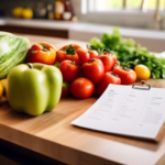 Overhead shot of a neatly organized meal planning grocery list, fresh produce, and essential pantry items on a kitchen counter in bright natural light