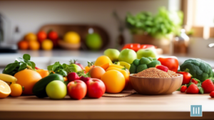 Fresh fruits, vegetables, and grains neatly organized on a brightly lit kitchen counter, with meal prep tools ready for effective meal planning for weight loss