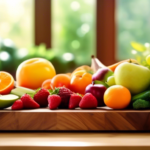 Colorful array of fresh fruits and vegetables on a wooden cutting board, bathed in bright natural light, perfect for balanced meal planning