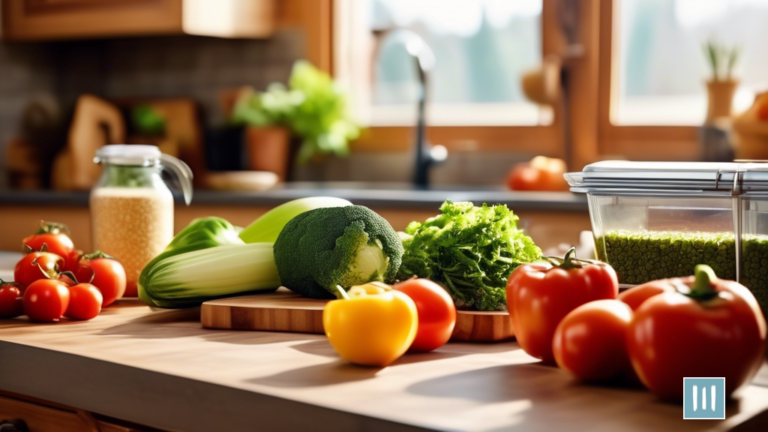 Fresh vegetables, grains, and proteins neatly organized in containers on a kitchen counter with a cutting board, knife, measuring cups, and a meal plan notepad. Bright natural light streaming in for meal prep beginners.