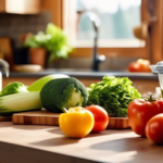 Fresh vegetables, grains, and proteins neatly organized in containers on a kitchen counter with a cutting board, knife, measuring cups, and a meal plan notepad. Bright natural light streaming in for meal prep beginners.