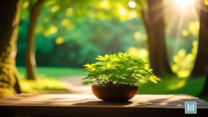 Serene outdoor space at a mindfulness meditation retreat with dappled sunlight filtering through green trees, creating a peaceful environment.