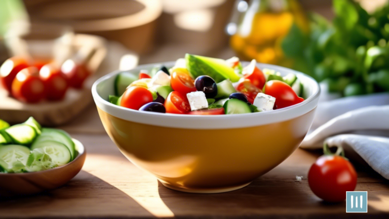 A vibrant bowl of Greek salad on a rustic wooden table, featuring fresh tomatoes, cucumbers, olives, and feta cheese, bathed in warm Mediterranean sunlight.