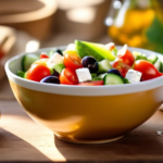 A vibrant bowl of Greek salad on a rustic wooden table, featuring fresh tomatoes, cucumbers, olives, and feta cheese, bathed in warm Mediterranean sunlight.