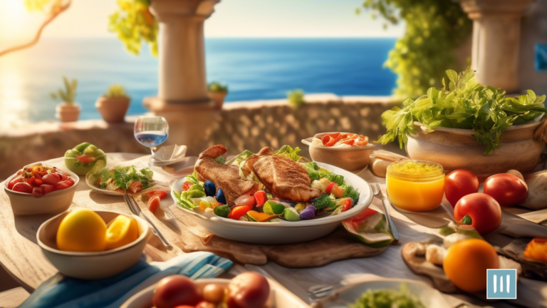 An invigorating outdoor scene showcasing a person happily preparing and savoring a vibrant Mediterranean meal against a breathtaking coastal backdrop, enveloped in the warm glow of the sun – promoting heart health through the Mediterranean diet.