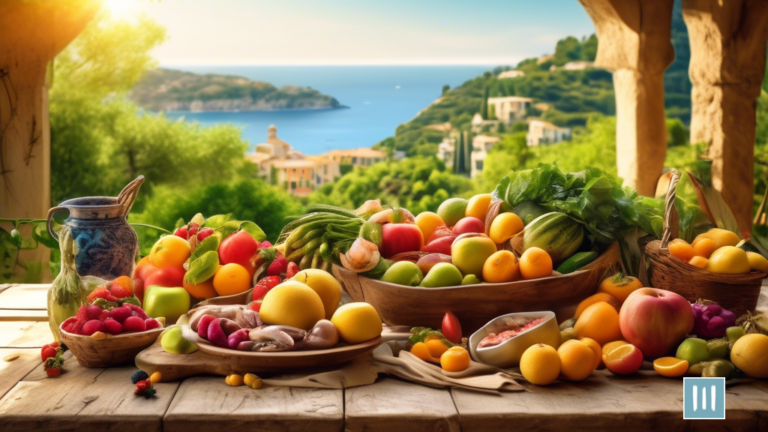 Vibrant Mediterranean Diet: A rustic wooden table adorned with a colorful array of fresh fruits, vegetables, and seafood, set against lush greenery, bathed in the golden glow of the Mediterranean sun.