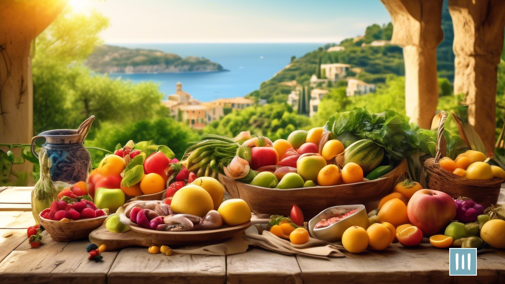 Vibrant Mediterranean Diet: A rustic wooden table adorned with a colorful array of fresh fruits, vegetables, and seafood, set against lush greenery, bathed in the golden glow of the Mediterranean sun.