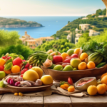 Vibrant Mediterranean Diet: A rustic wooden table adorned with a colorful array of fresh fruits, vegetables, and seafood, set against lush greenery, bathed in the golden glow of the Mediterranean sun.