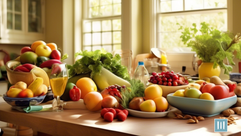 An inviting sunlit kitchen table filled with a vibrant display of fresh fruits, vegetables, whole grains, and olive oil, embodying the essence of the Mediterranean diet for beginners.