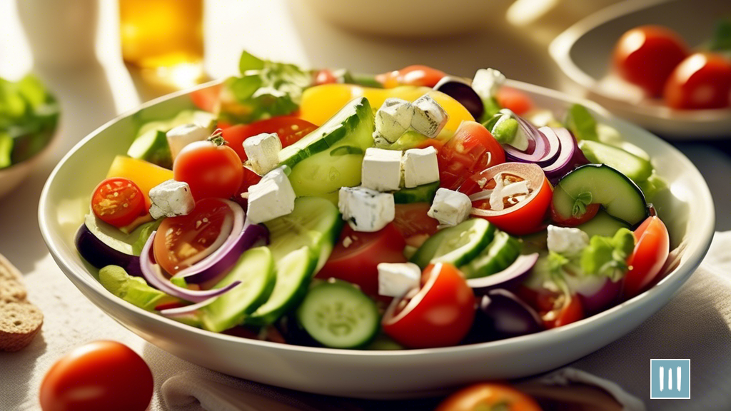 Delicious Mediterranean Diet Recipes: A close-up shot of a vibrant Greek salad with ripe tomatoes, crisp cucumbers, and tangy feta cheese, bathed in golden sunlight streaming through a window.