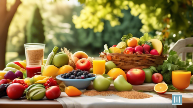 Delicious and Nutritious Mediterranean Diet vs Keto Diet Comparison: A vibrant outdoor spread of fresh fruits, vegetables, whole grains, and lean proteins beautifully arranged on a table, under bright natural sunlight streaming through leafy trees.