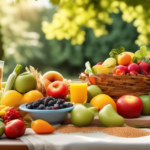 Delicious and Nutritious Mediterranean Diet vs Keto Diet Comparison: A vibrant outdoor spread of fresh fruits, vegetables, whole grains, and lean proteins beautifully arranged on a table, under bright natural sunlight streaming through leafy trees.