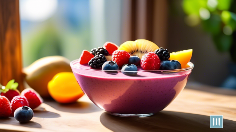 A vibrant fruit smoothie bowl topped with fresh berries and sliced almonds, placed on a wooden table near a sunlit window, ideal for boosting metabolism and promoting weight loss.