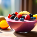 A vibrant fruit smoothie bowl topped with fresh berries and sliced almonds, placed on a wooden table near a sunlit window, ideal for boosting metabolism and promoting weight loss.