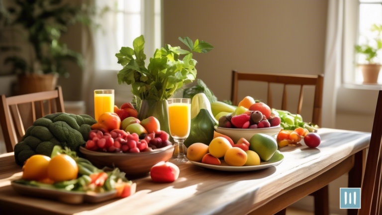 Alt Text: A sun-kissed dining table filled with a vibrant array of fresh fruits and vegetables, bathed in soft natural light, promoting mindful eating for successful weight loss.