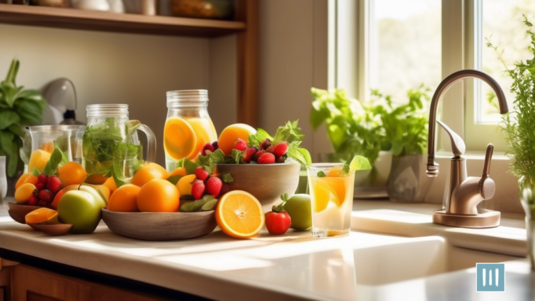 An inviting sunlit kitchen counter displays a colorful array of fresh fruits, aromatic herbs, and a refreshing glass pitcher of infused water, highlighting the allure of natural ingredients for holistic weight loss.