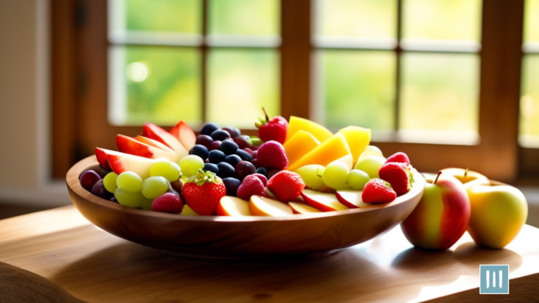 A vibrant fruit platter with sliced apples, grapes, and strawberries on a wooden cutting board next to a bowl of nut-free trail mix, illuminated by natural sunlight. Perfect for allergy-friendly snacking options.